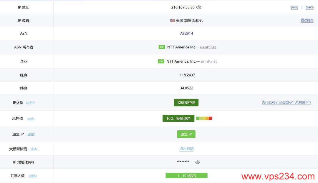 吉云美国家宽VPS网络测试-IP属性