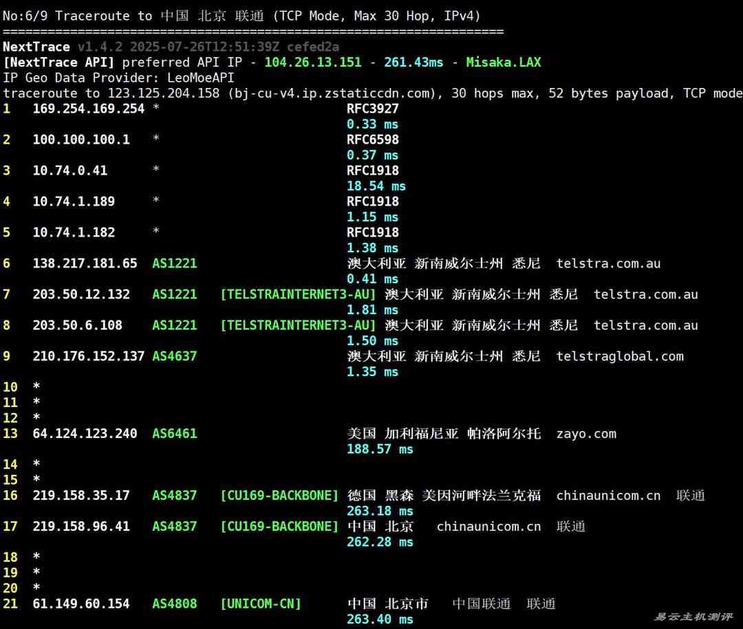 Vultr澳大利亚VPS网络测试-联通回程路由