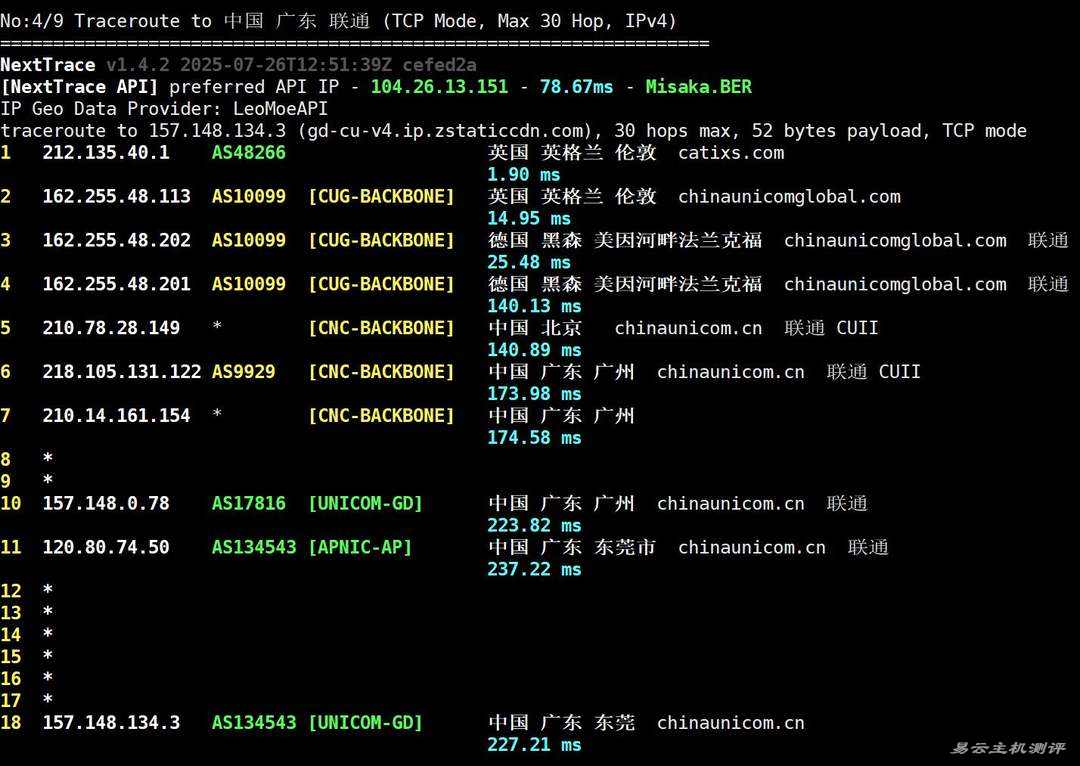 丽萨主机英国VPS网络测试-联通回程路由