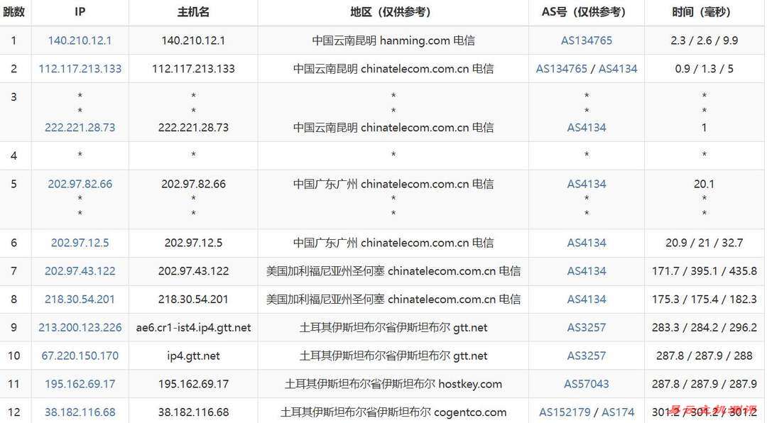 IPRaft土耳其VPS网络测试-电信去程路由