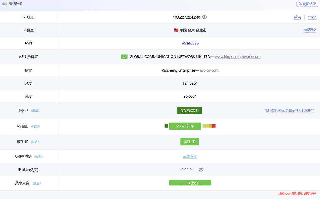 丽萨主机台湾VPS网络测试-IP属性