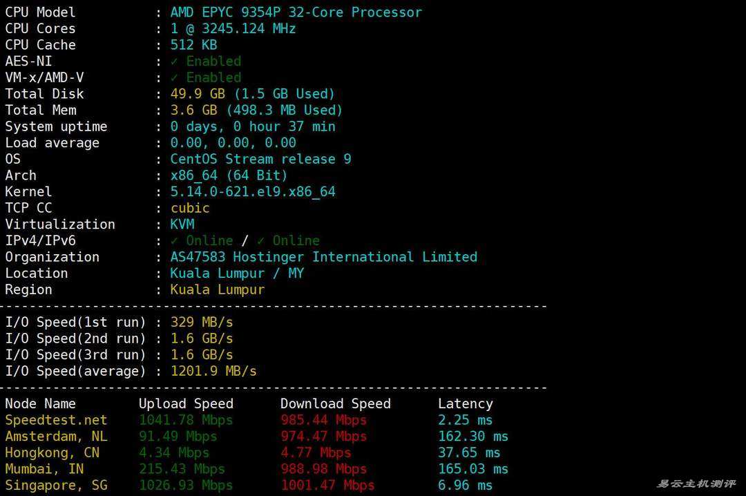 Hostinger马来西亚VPS网络测试-性能和速度