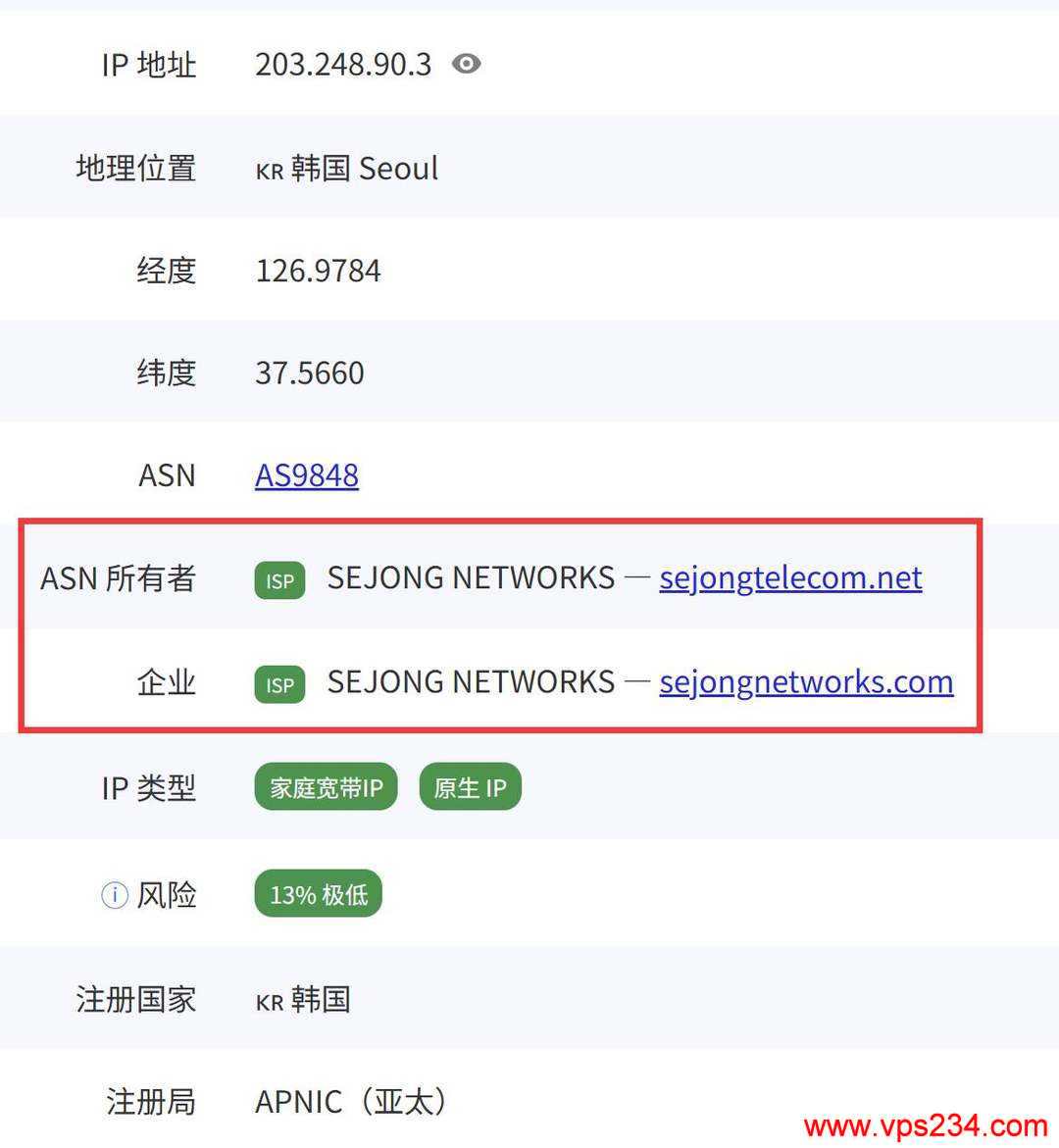 IPRaft韩国VPS网络测试-IP的ISP类型