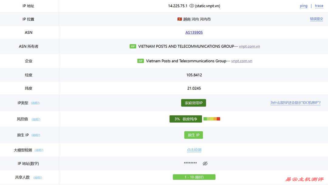 莱卡云越南家宽VPS网络测试-IP属性