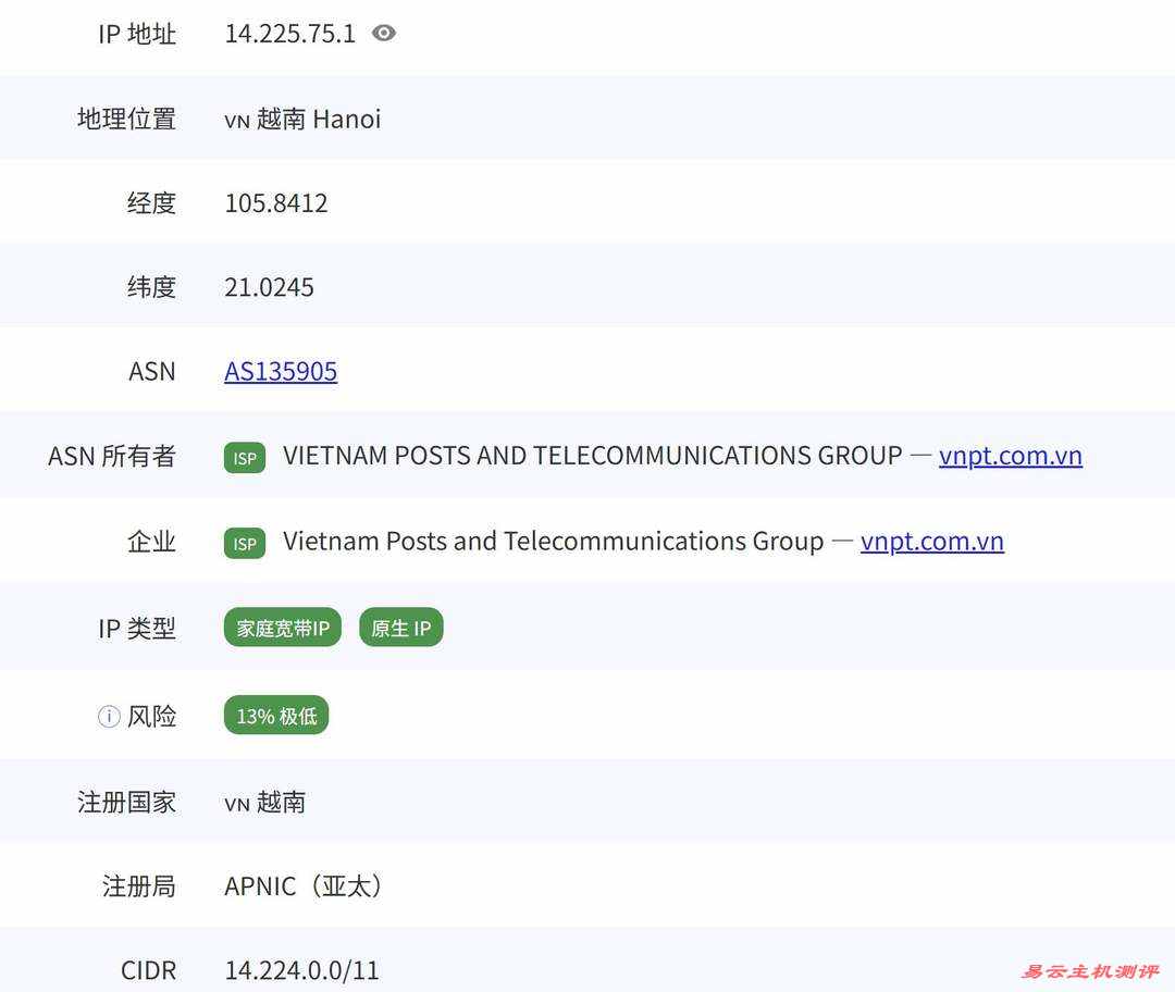 莱卡云越南家宽VPS网络测试-ISP类型IP
