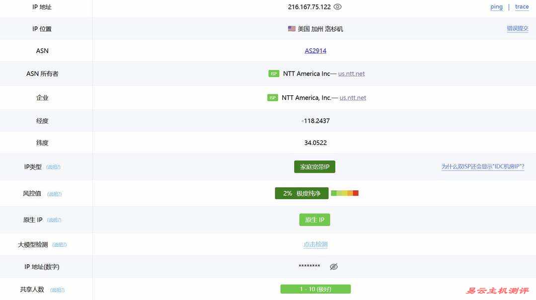 莱卡云美国家宽VPS网络测试-IP属性