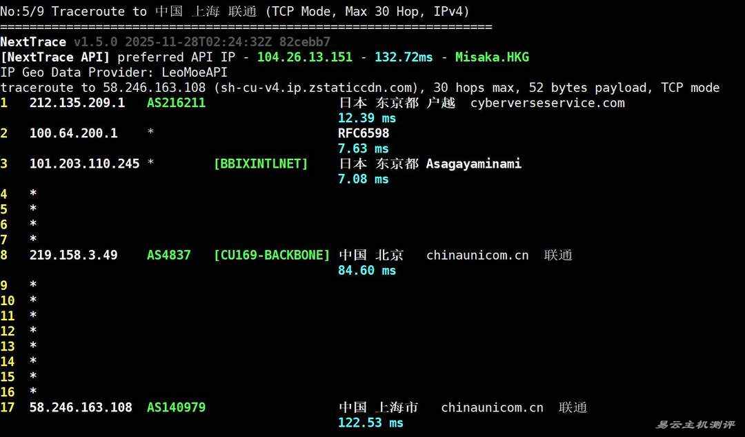 Skyline Connect日本VPS网络测试-联通回程路由