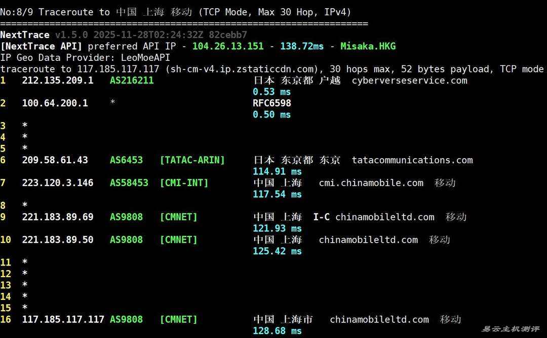 Skyline Connect日本VPS网络测试-移动回程路由