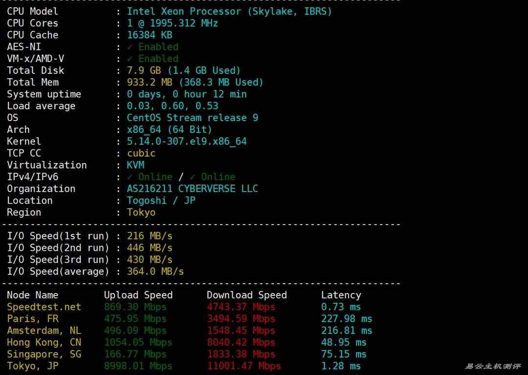 Skyline Connect日本VPS网络测试-性能和速度