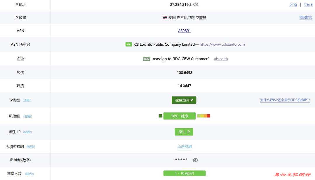 WePC泰国家宽VPS网络测试-IP属性
