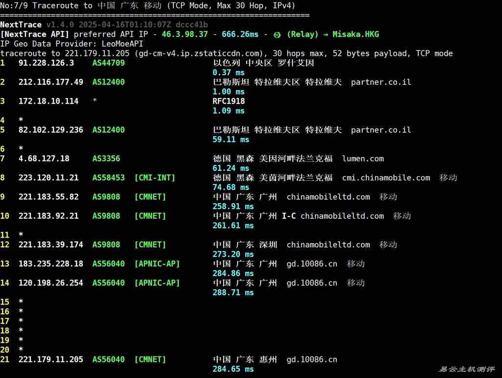 VPSServer以色列VPS测评-移动回程路由