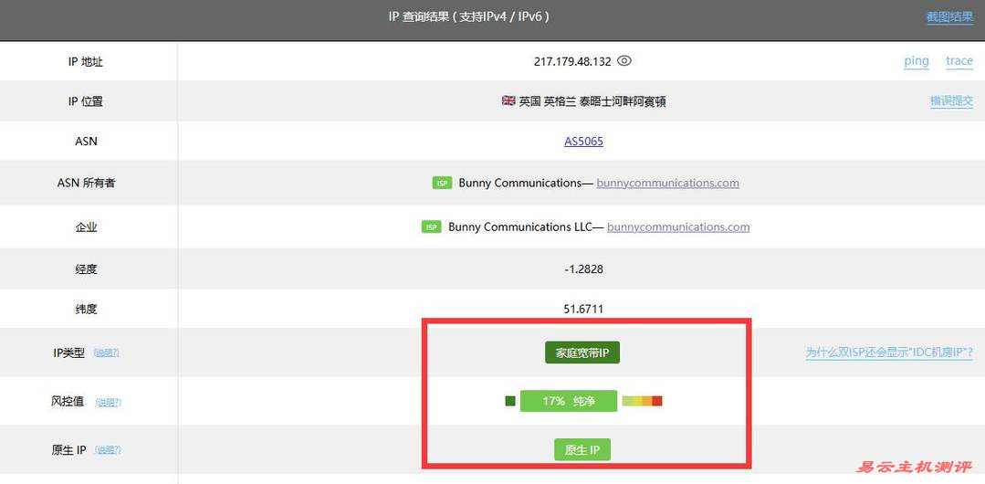 UCloud英国家宽VPS测评-IP属性测试