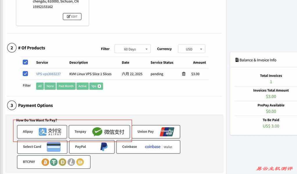 InterServer美国VPS购买教程-账单页面