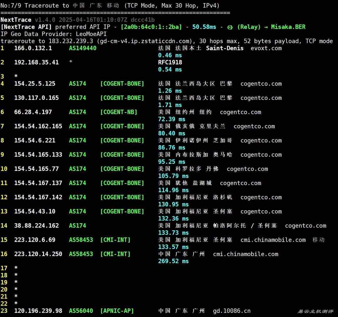 Evoxt法国VPS网络测试-移动回程路由