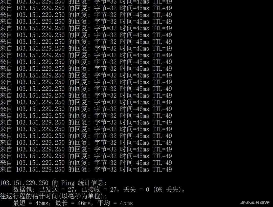 不二云韩国VPS网络测试-本地Ping平均延迟测试
