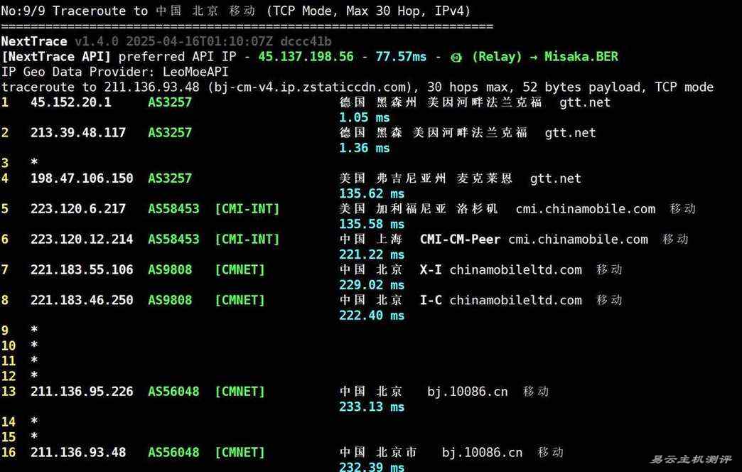 丽萨主机德国家宽VPS网络测试-移动回程路由