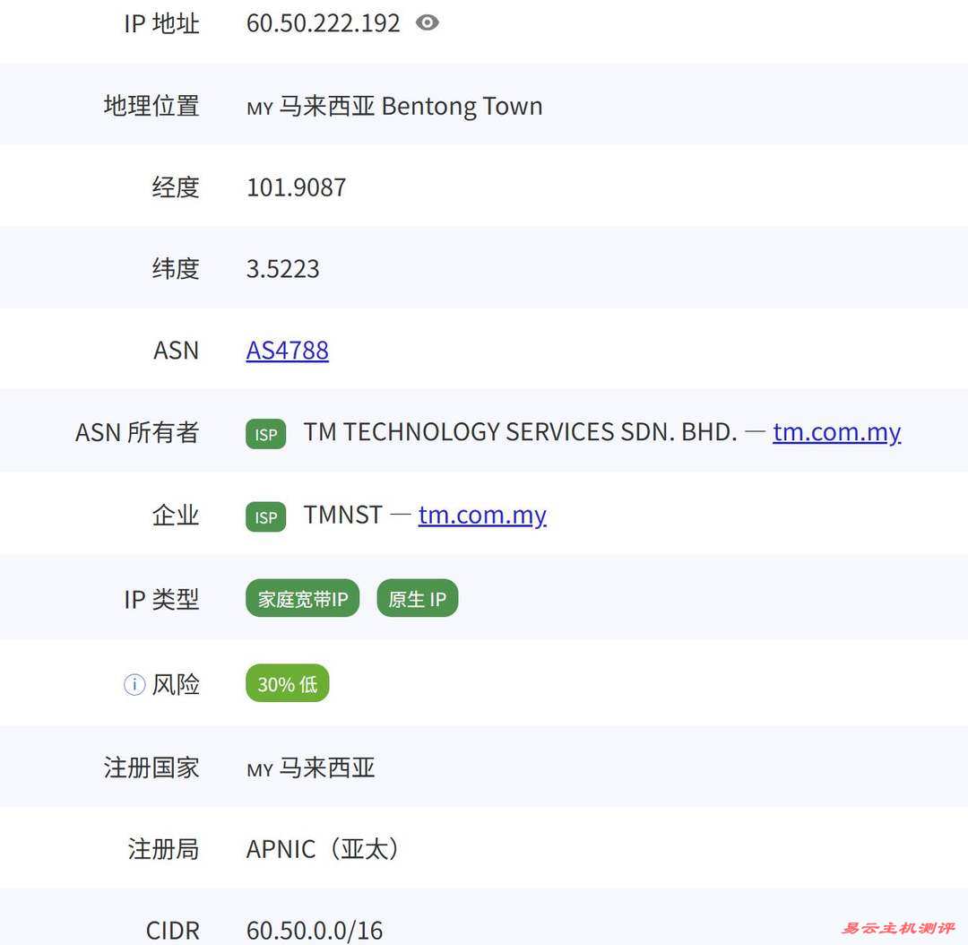Server Gigabit马来西亚家宽VPS网络测试-IP类型