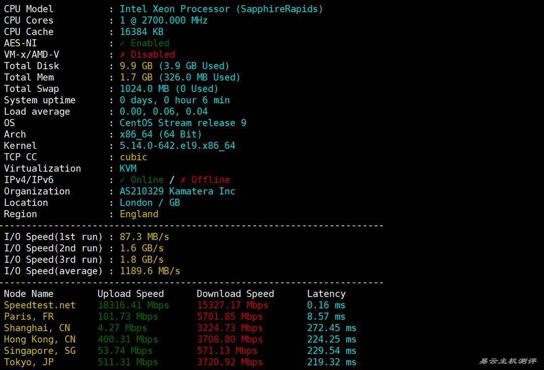 Kamatera英国VPS网络测试-性能和速度