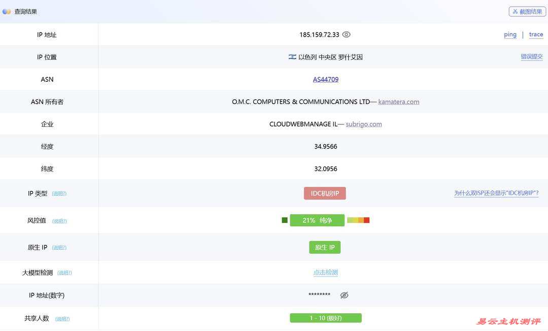Kamatera中东VPS网络测试-IP属性