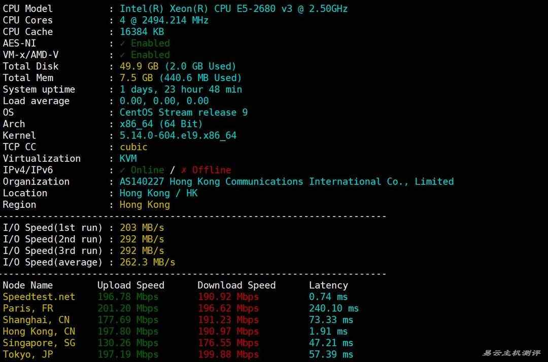 华纳云香港轻量云服务器网络测试-性能和速度